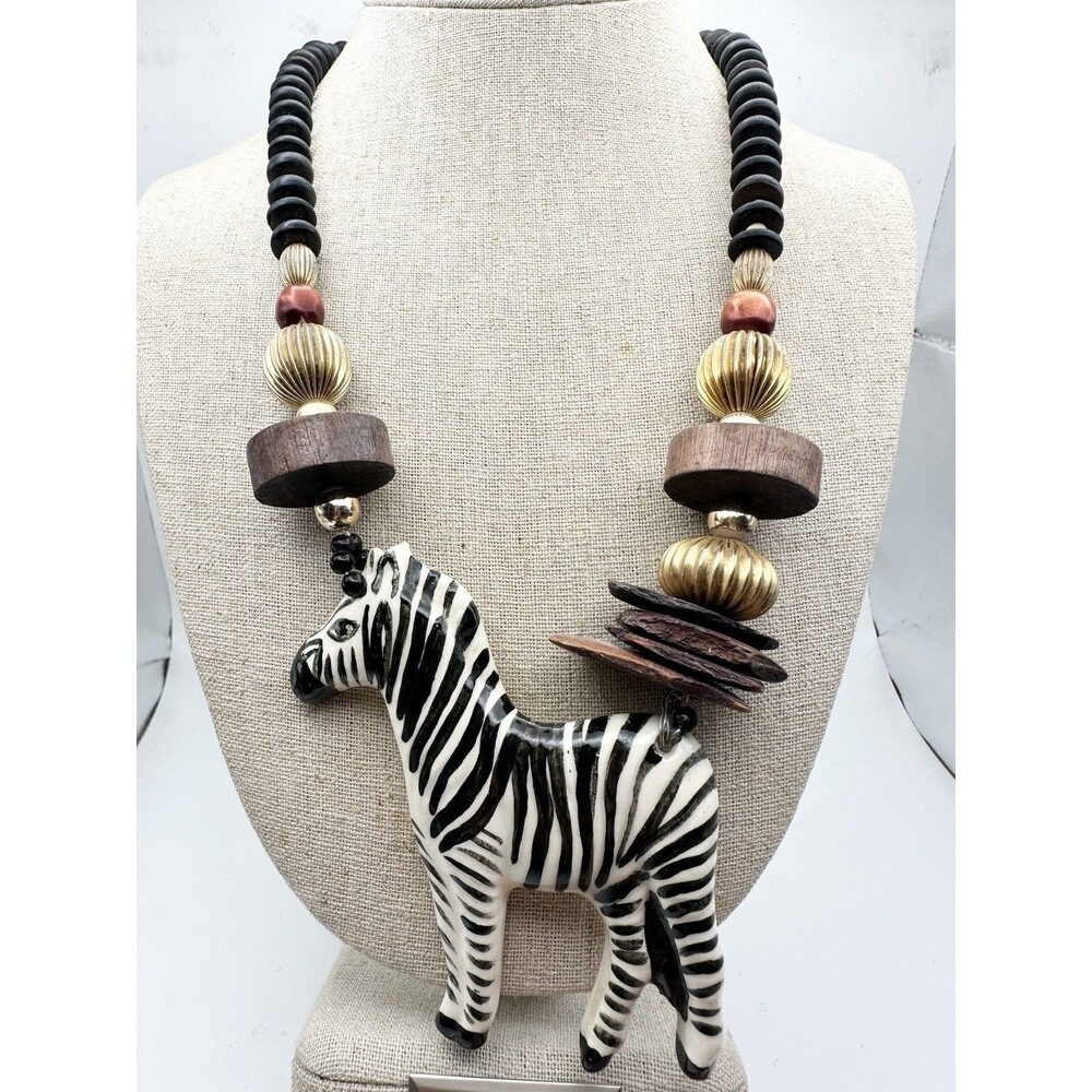 Vintage Ceramic Zebra Wood Bead Necklace 22”